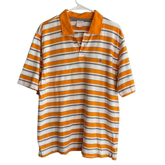 Brooks Brothers 346 Orange Striped Cotton Short Sleeve Polo Shirt Men Sz L - Picture 1 of 6